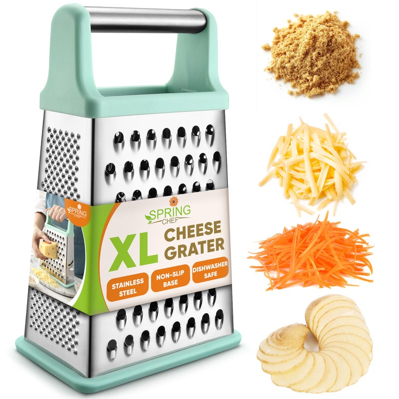 Spring Chef Professional Cheese Grater - Stainless Steel Box Grater for Kitchen, XL Size - Perfect 4 Sided Shredder for Parmesan Cheese, Vegetables, Ginger - Dishwasher Safe - Mint - Image 1